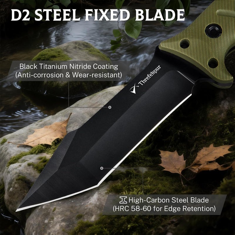 Threfelipur Tanto Camping Knife for Men, D2 Steel Fixed Blade Tactical Survival Knife with Sheath - Compact & Portable for Outdoor Hiking, Bushcraft, G10 Handle - Green - Image 2